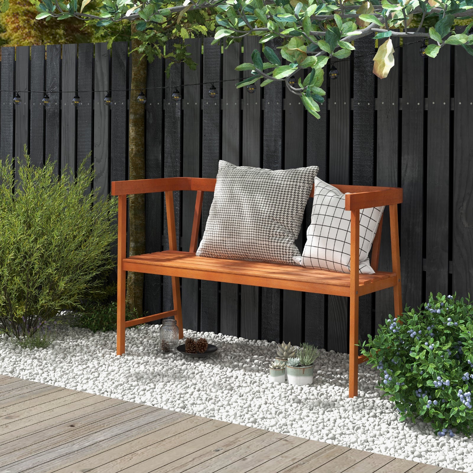 2-Person Outdoor Bench with Ergonomic Backrest and Armrests for Yard