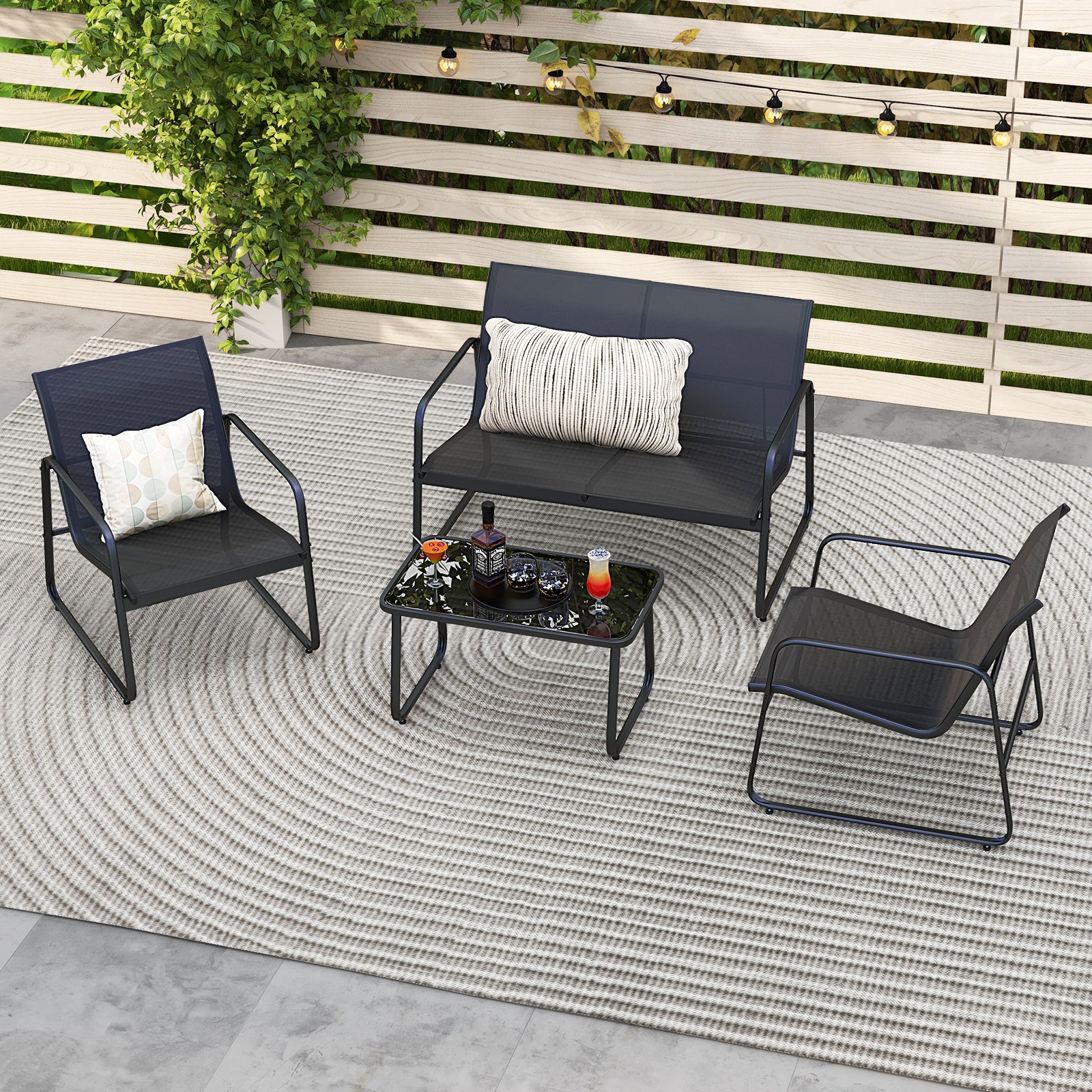 4 Piece Garden Lounge Set with 2 Chairs Tempered Glass Table and Loveseat Breathable Fabric Outdoor Furniture Black Metal Frame