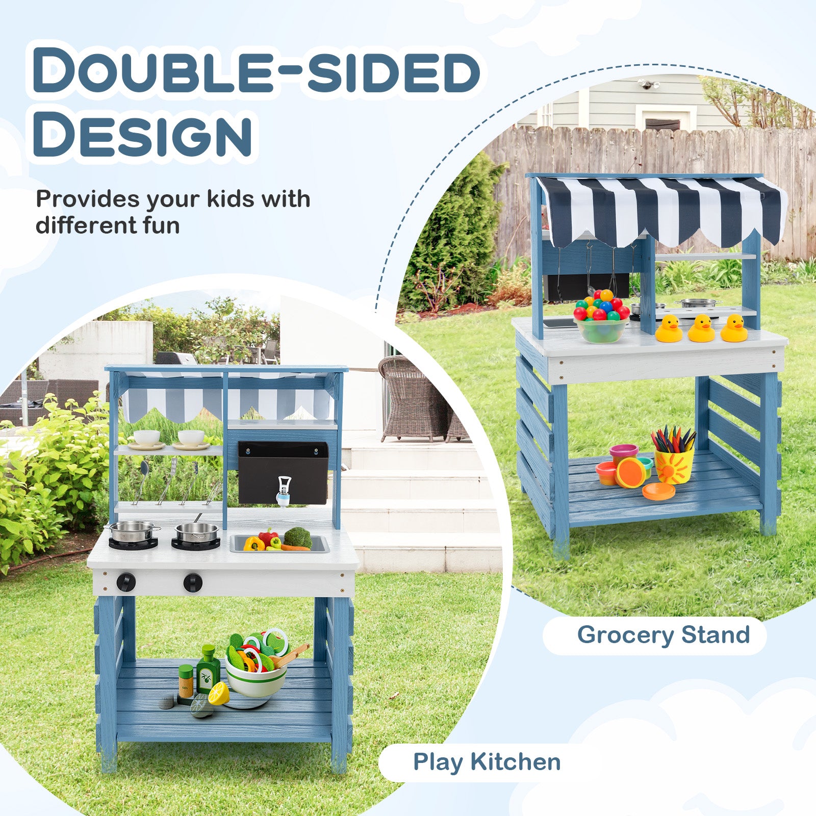 Outdoor Double-Sided Mud Kitchen for Kids-Blue & White