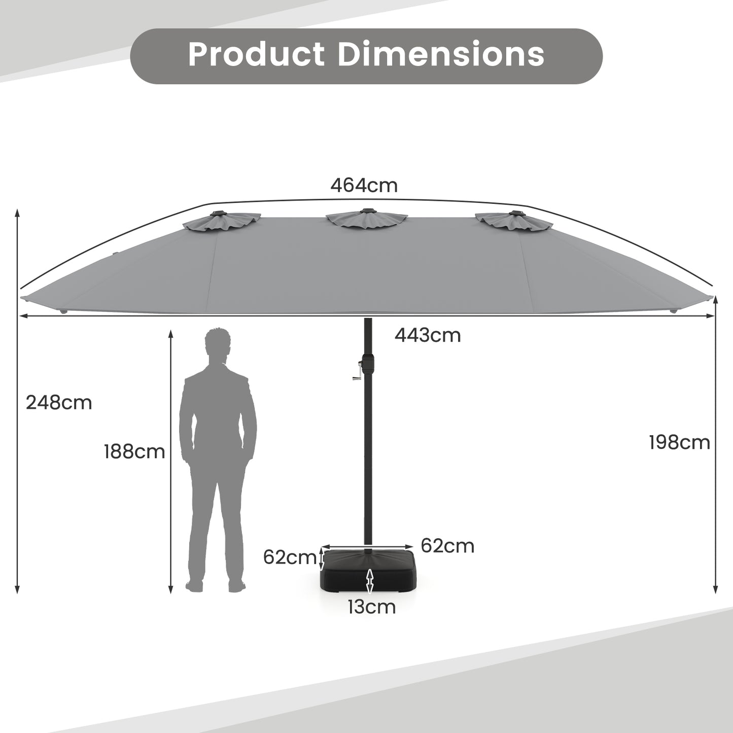 Double Sided Patio Umbrella Outdoor Large Market Umbrella with Base-Grey