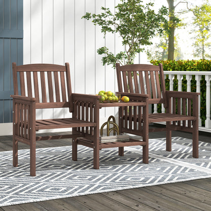 Outdoor Fir Wood Loveseat with 2-Tier Side Table and Umbrella Hole-Brown
