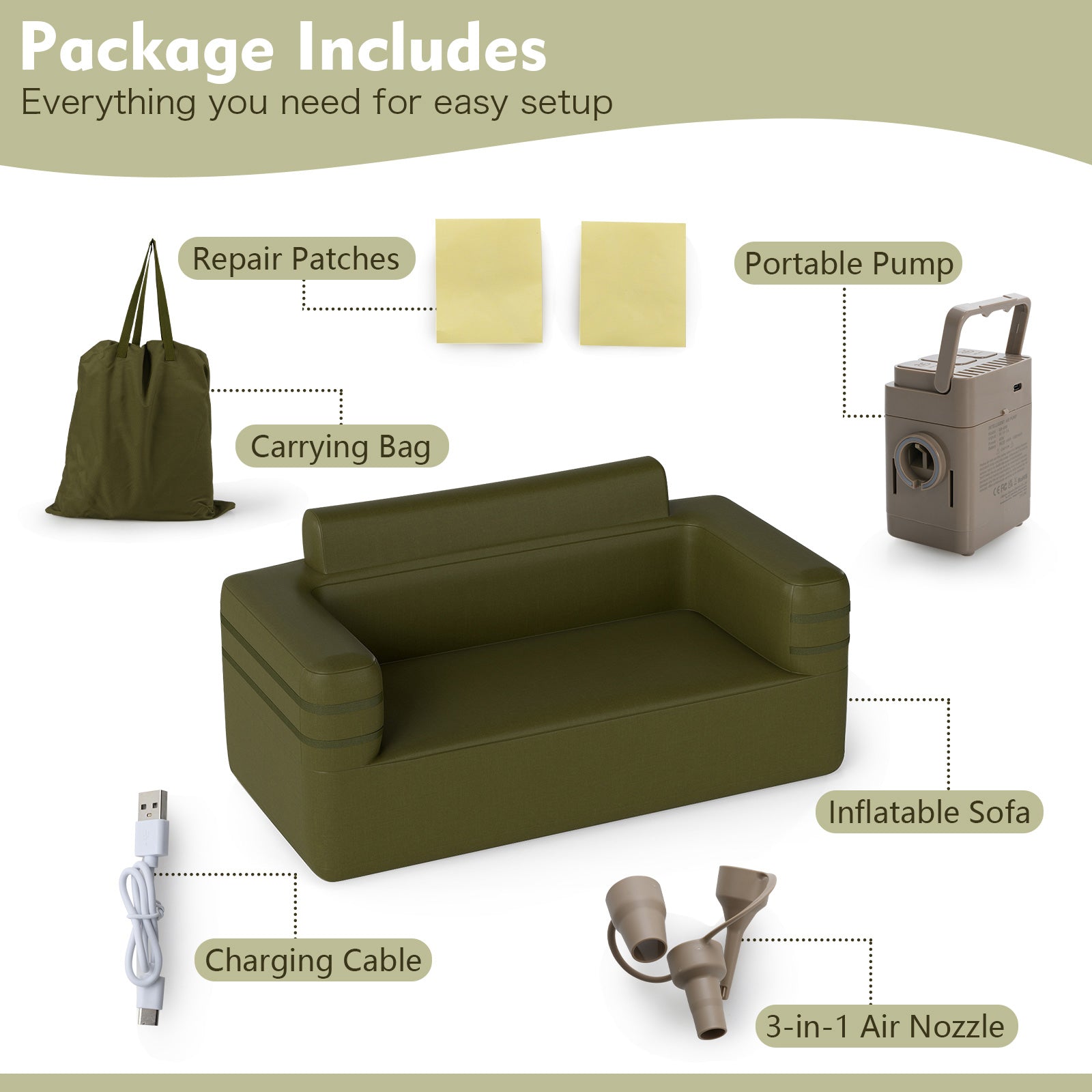 Outdoor Inflatable Couch Blow Up Air Sofa Chair with Carry Bag for Camping-Green