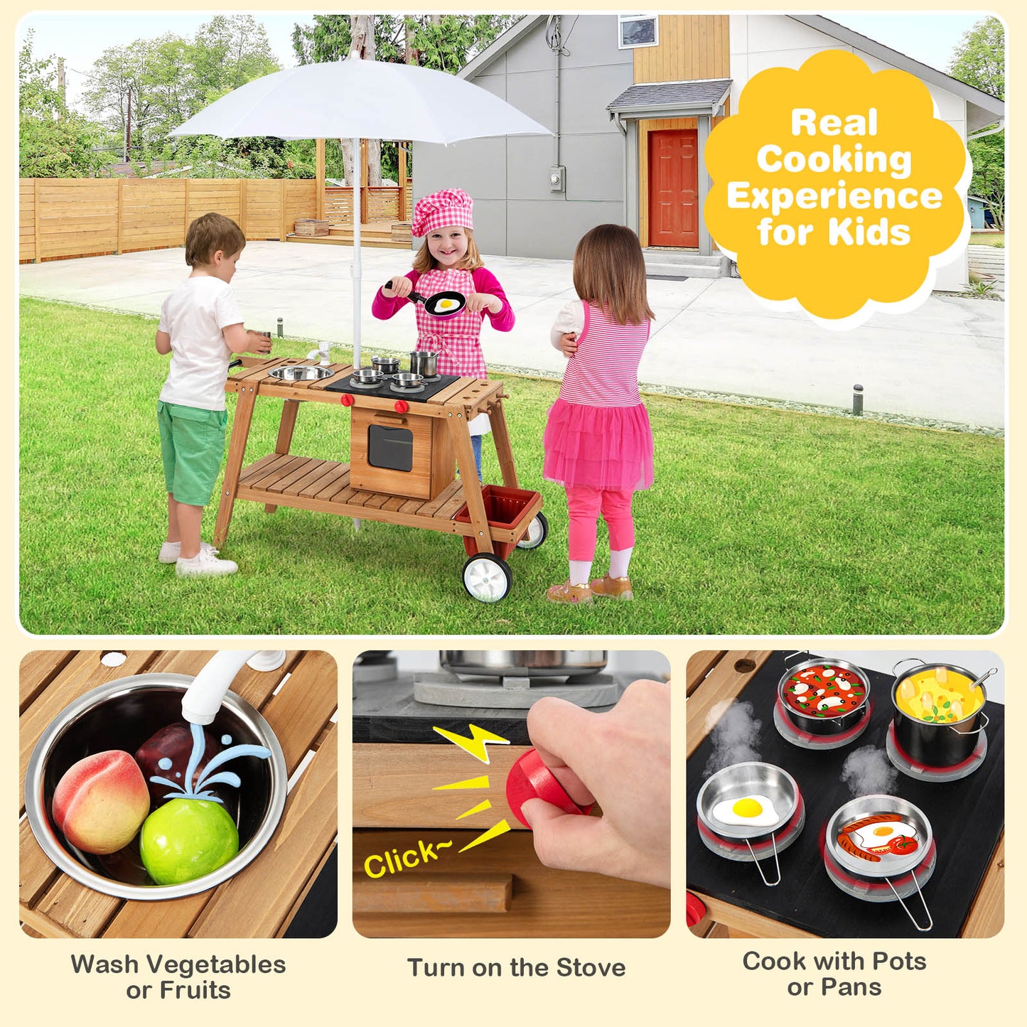 Wooden Kids Play Trolley with Umbrella and Storage Cabinet-White