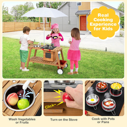 Wooden Kids Play Trolley with Umbrella and Storage Cabinet-White