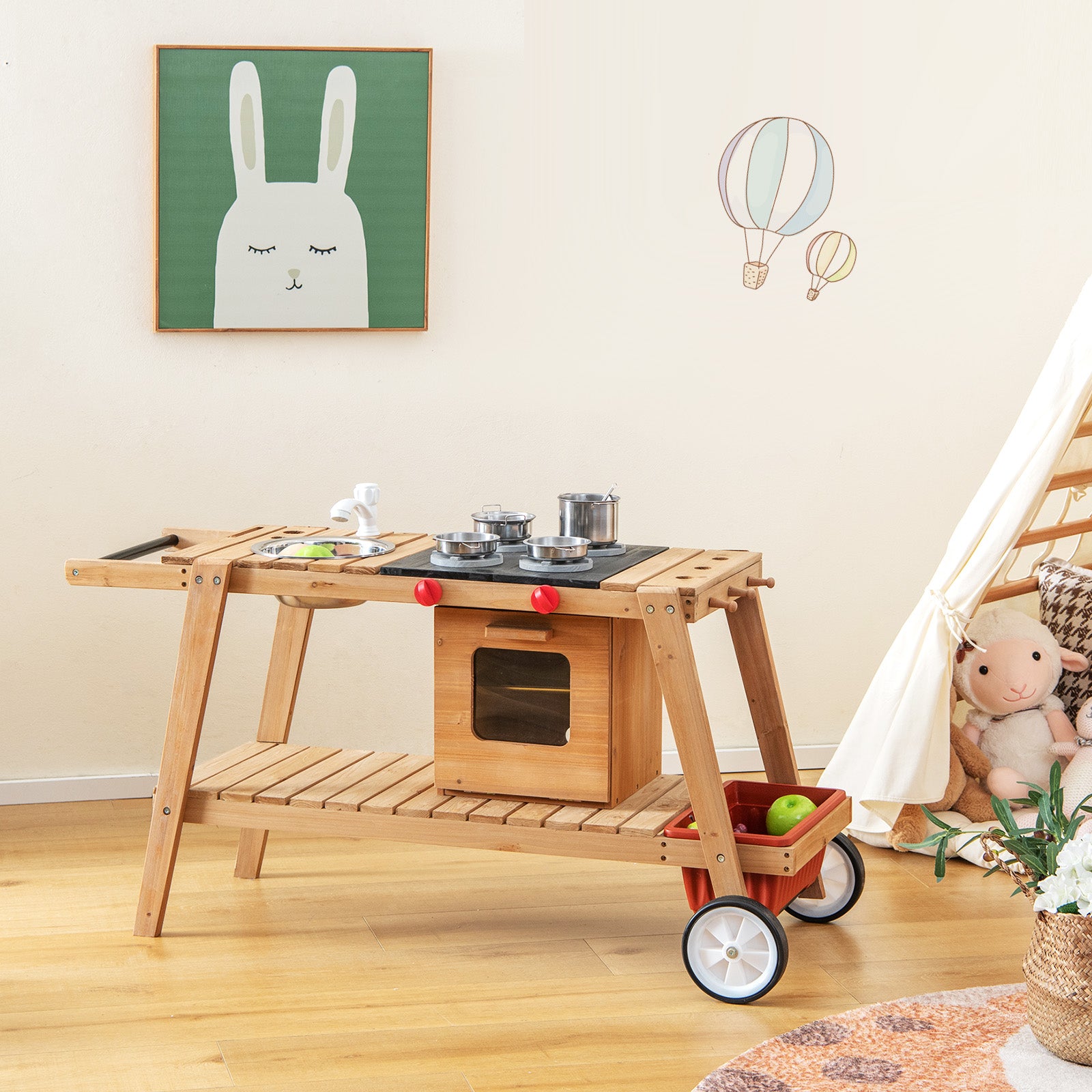Wooden Kids Play Trolley with Umbrella and Storage Cabinet-White