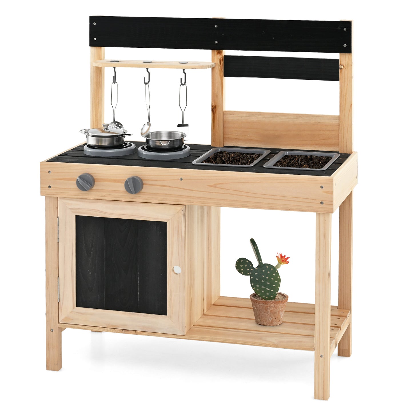 Outdoor Kids Pretend Play Kitchen with 2 Removable Sinks-Natural