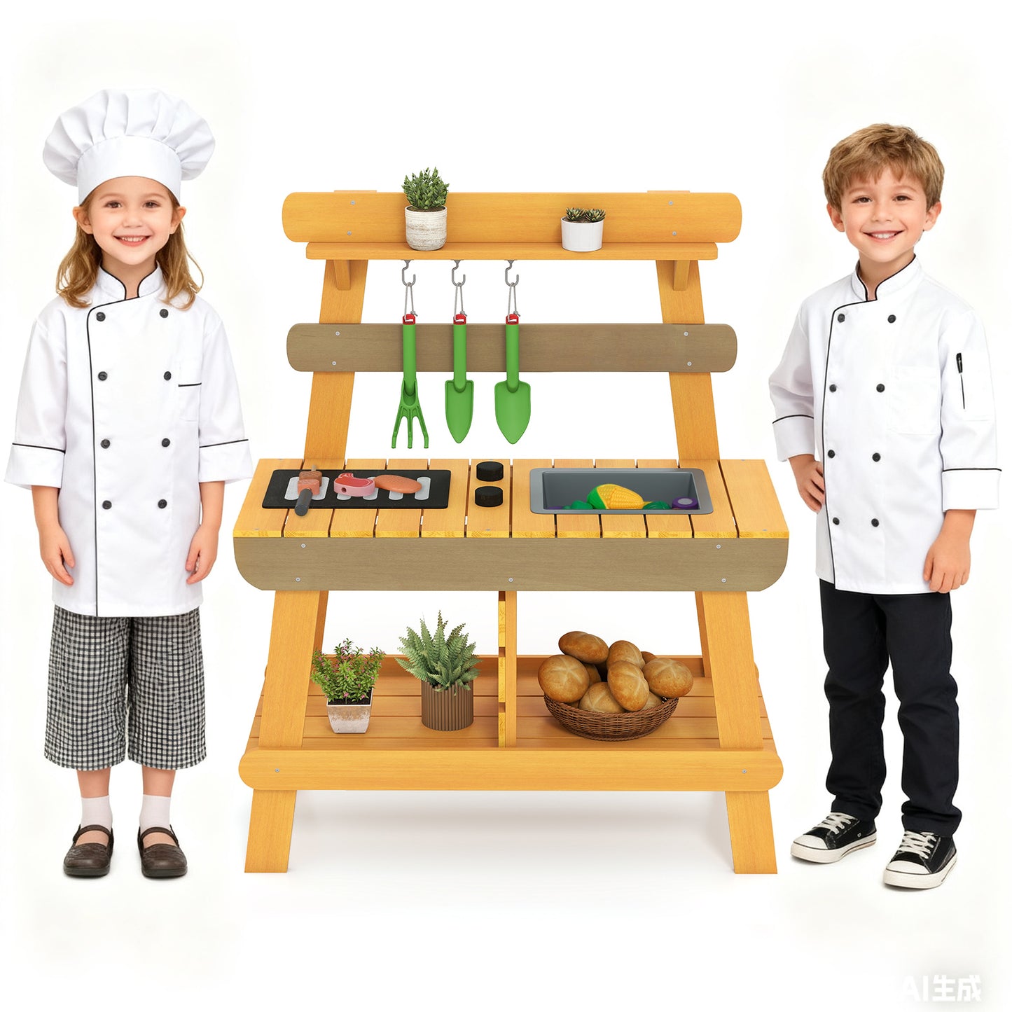 Outdoor Mud Kitchen for Kids Toddler Wood Pretend Play Kitchen-Yellow