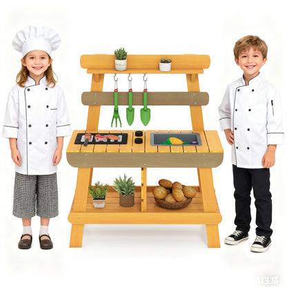 Outdoor Mud Kitchen for Kids Toddler Wood Pretend Play Kitchen-Yellow