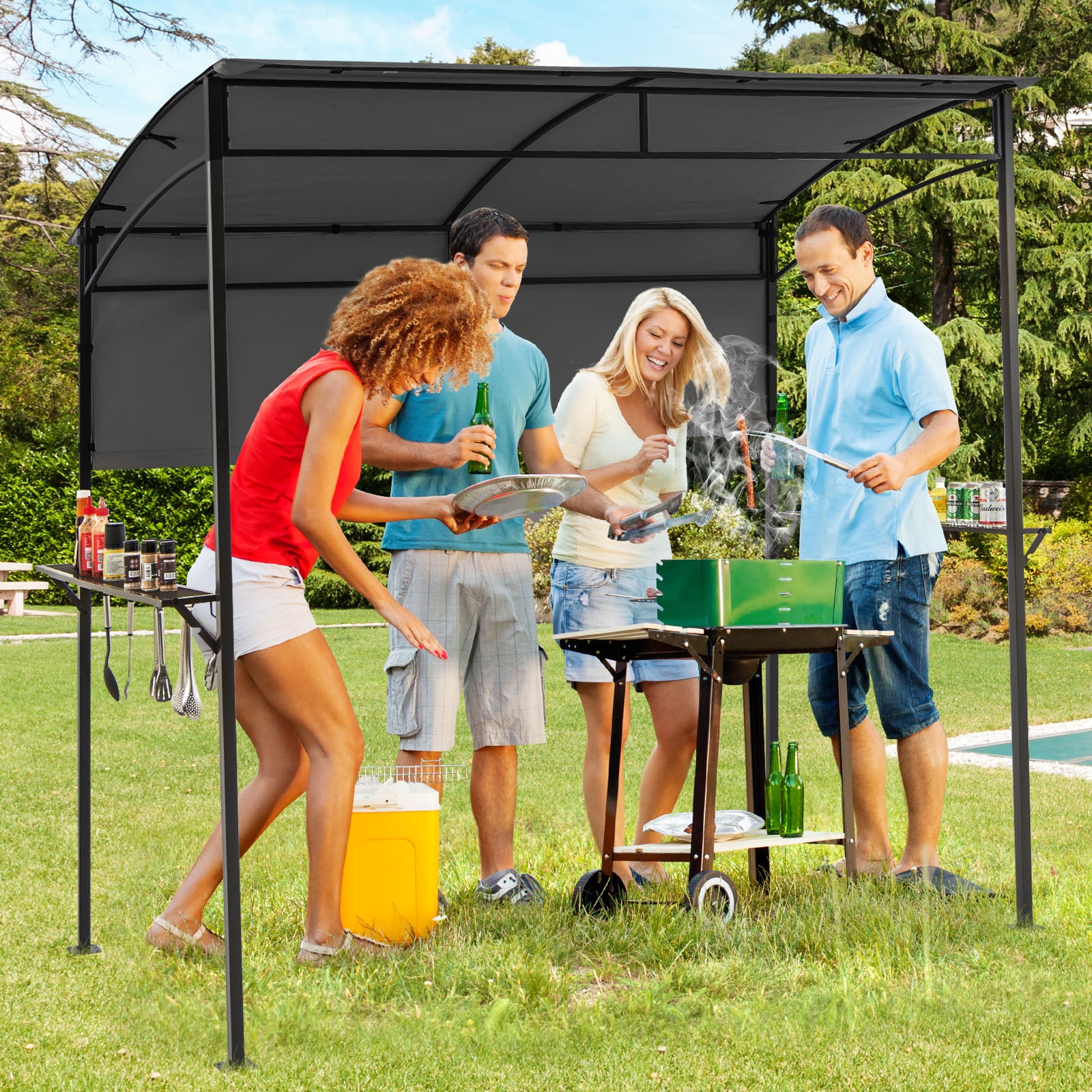 Outdoor Patio BBQ Canopy with Metal Shelves and Hooks-Grey
