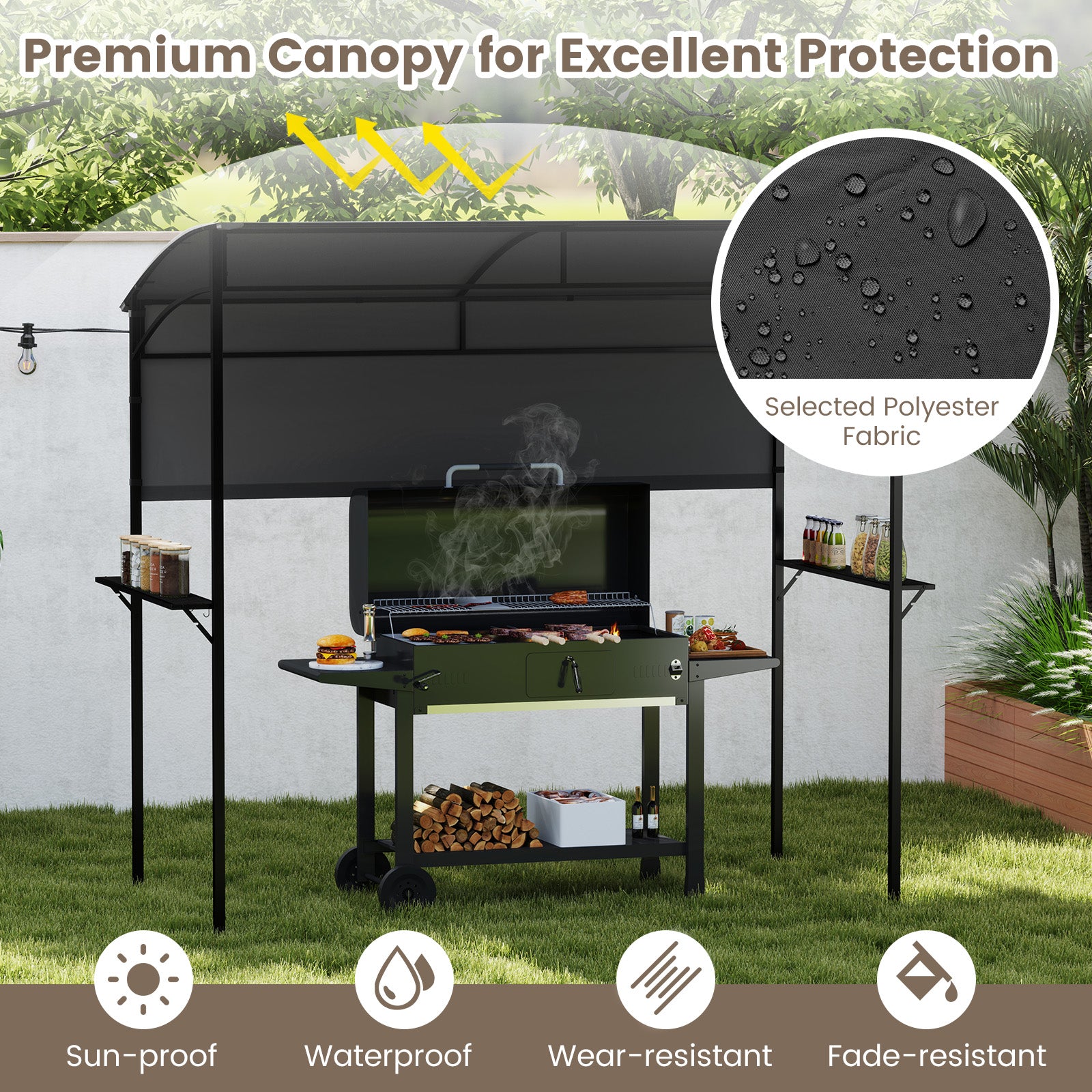 Outdoor Patio BBQ Canopy with Metal Shelves and Hooks-Grey