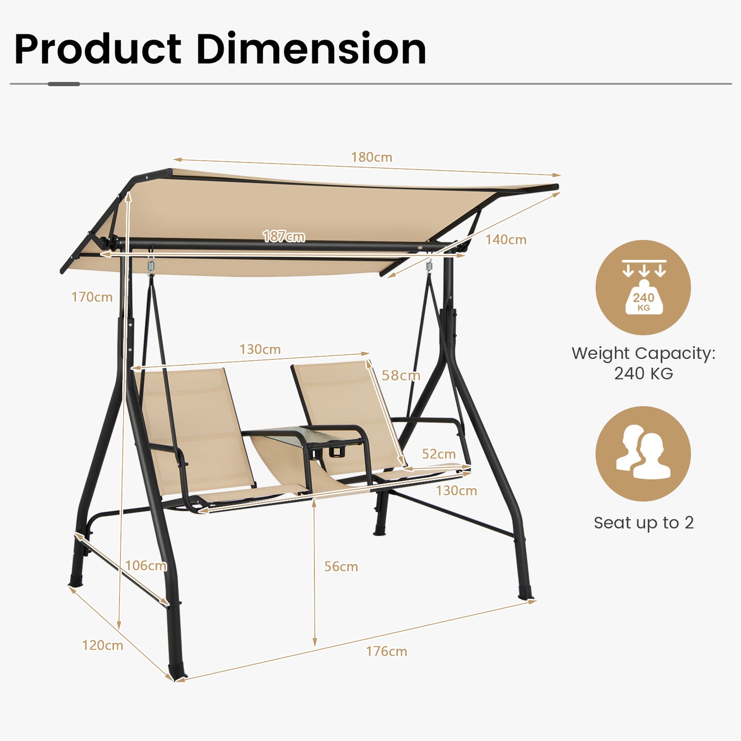 2 Person Outdoor Patio Swing with Adjustable Canopy for Garden Porch Backyard-Beige