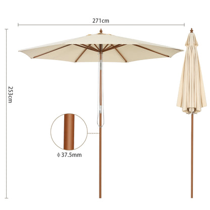 2.7/3m Wooden Patio Parasol Sun Shade Umbrella with 8 Ribs-2.7 m