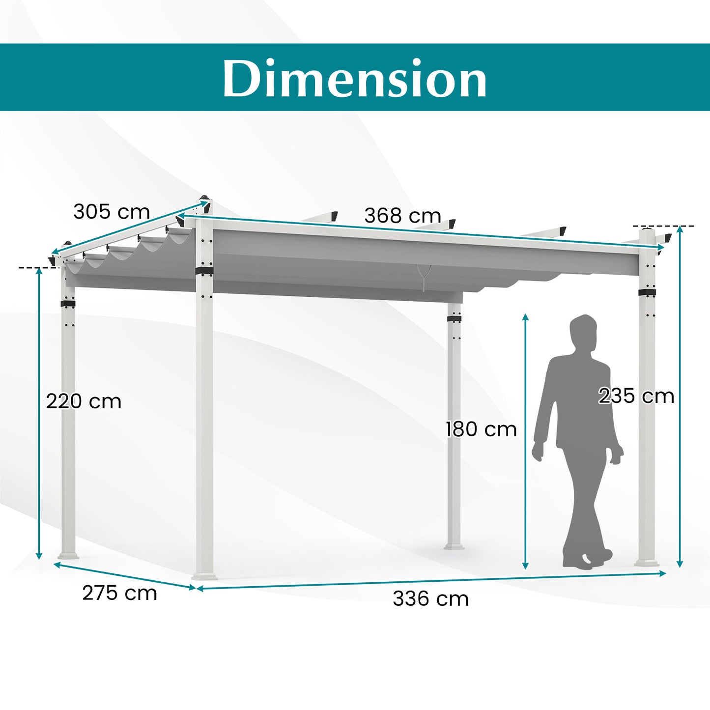 Outdoor Pergola with Retractable Canopy Aluminum Frame Anchors-Grey