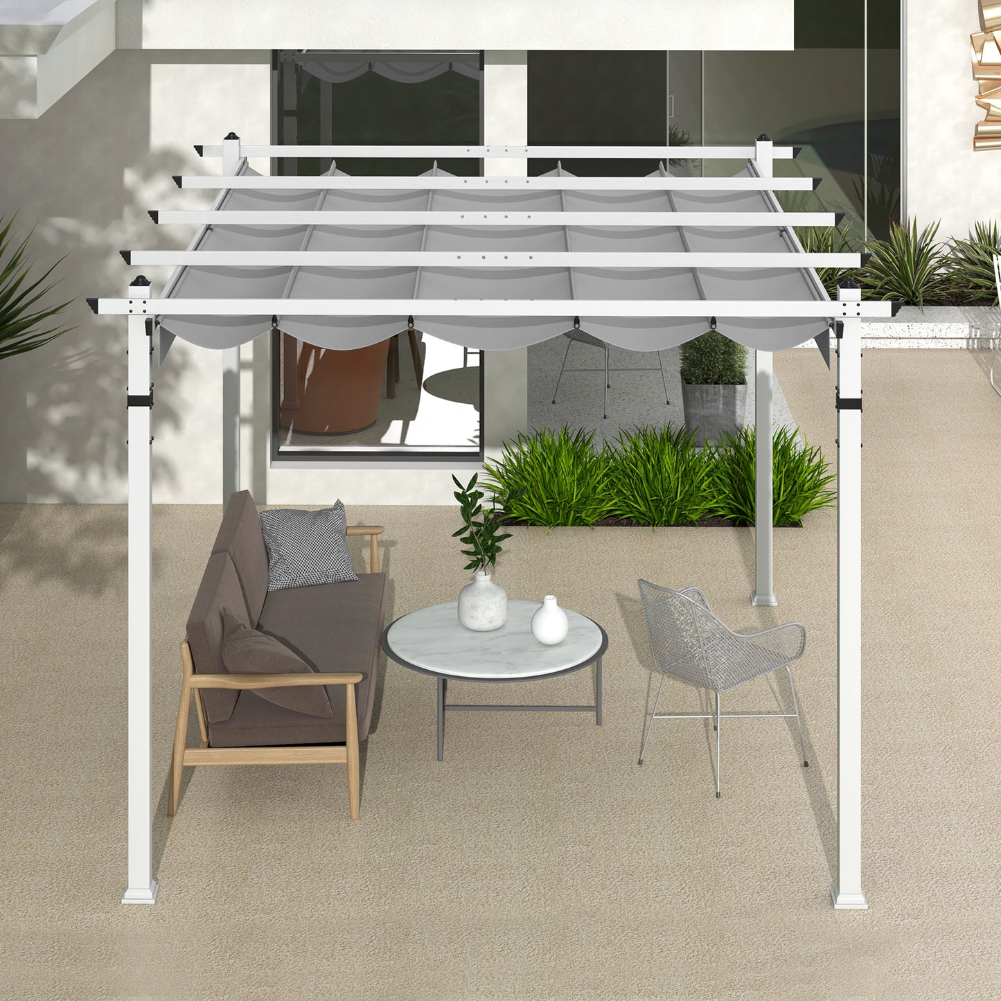 Outdoor Pergola with Retractable Canopy Aluminum Frame Anchors-Grey