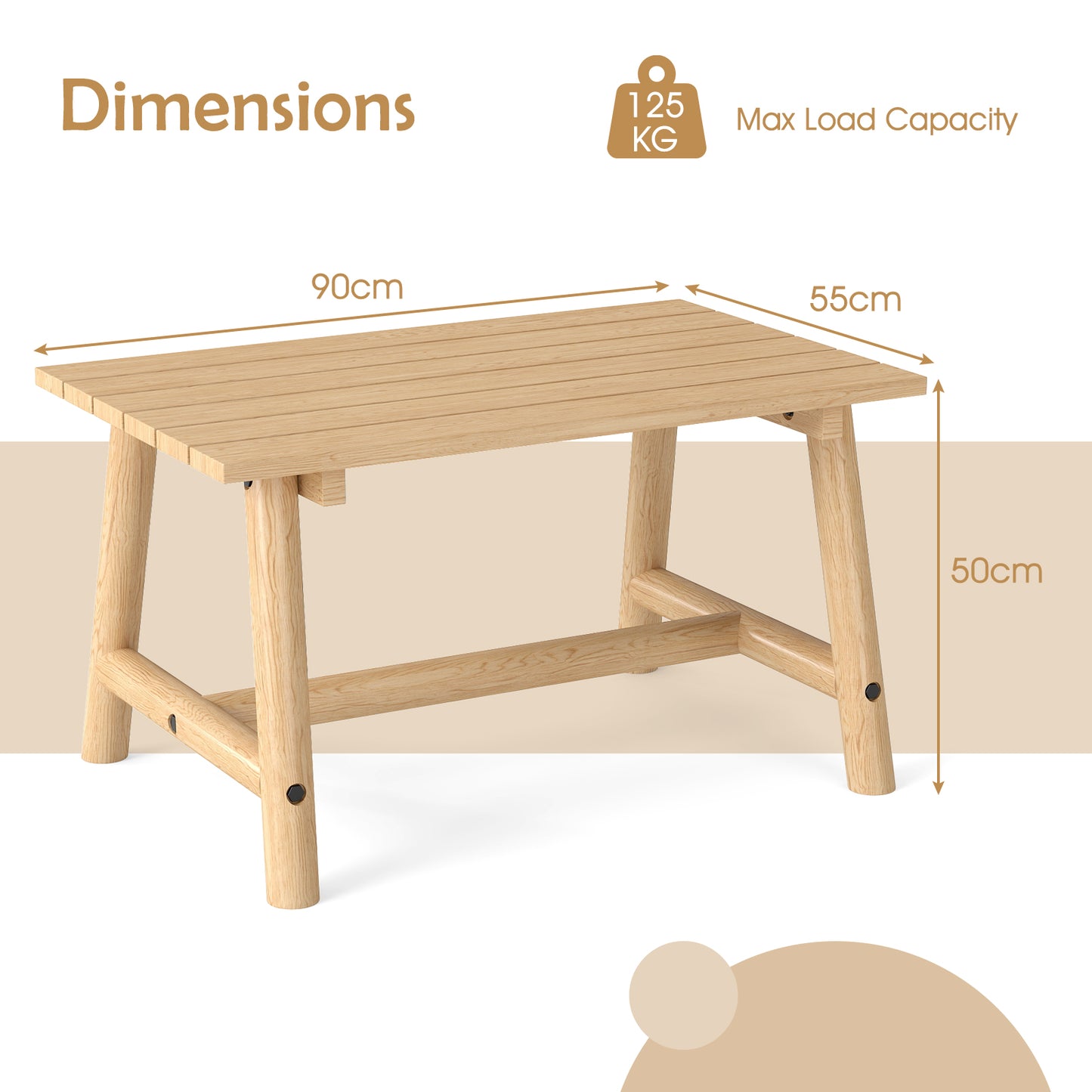 Outdoor Rectangle Coffee Table Solid Wood Patio Table with Slatted Tabletop for Garden Lawn-Natural