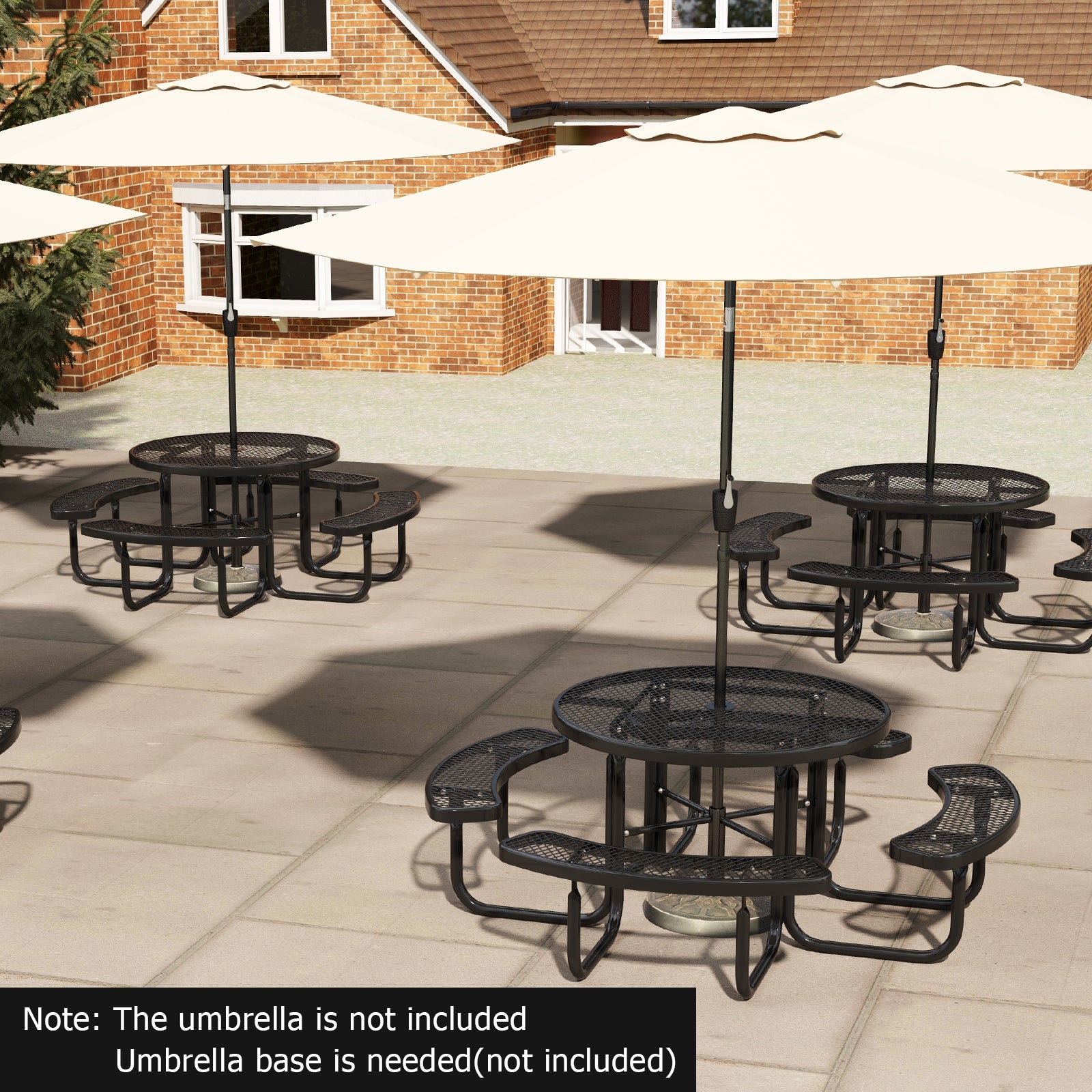 Outdoor Round Picnic Table and Bench Set for 8 with Seats and Umbrella Hole-Black