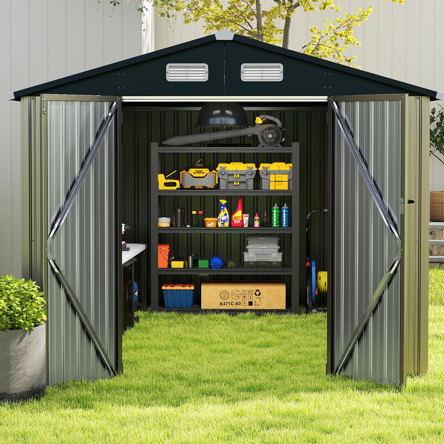 Outdoor Storage Shed Large Utility Tool House with Top Sloping Design-Grey