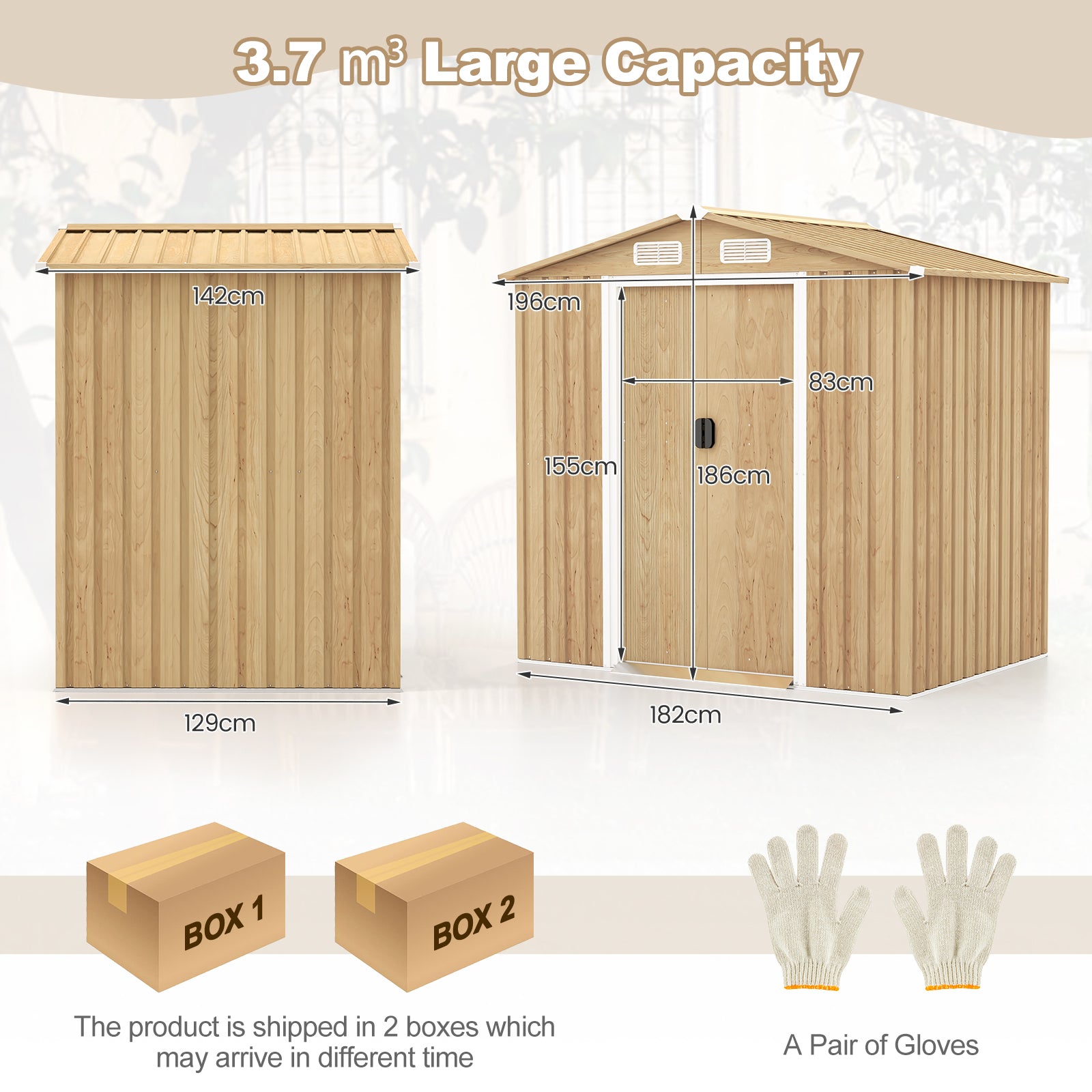 Outdoor Storage Shed with 4 Vents and Lockable Doors-Natural