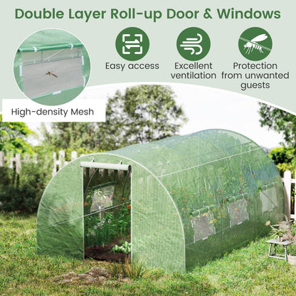 400 x 300 x 200 cm Outdoor Walk-in Tunnel Greenhouse 8 Roll-up Windows-Green