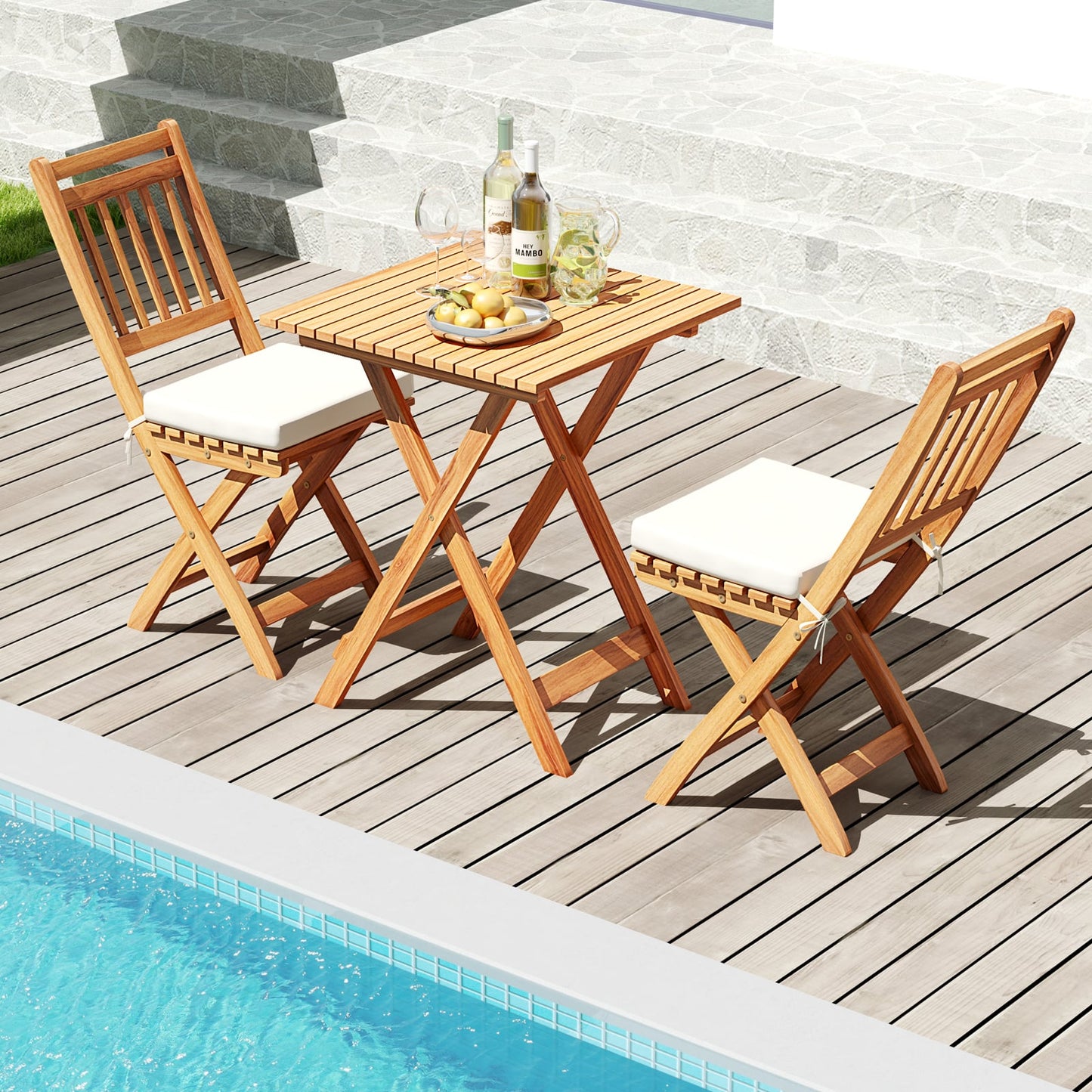 3 Pieces Outdoor Acacia Wood Bistro Set with Seat Cushions and High Back Armless Chairs-Vertical-Slatted Back