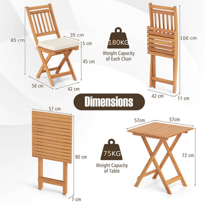 3 Pieces Outdoor Acacia Wood Bistro Set with Seat Cushions and High Back Armless Chairs-Vertical-Slatted Back