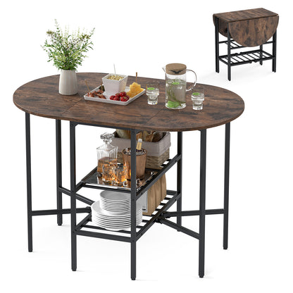 Oval dining table with 2 folding side panels and a metal frame for 4 people-Rustic Brown
