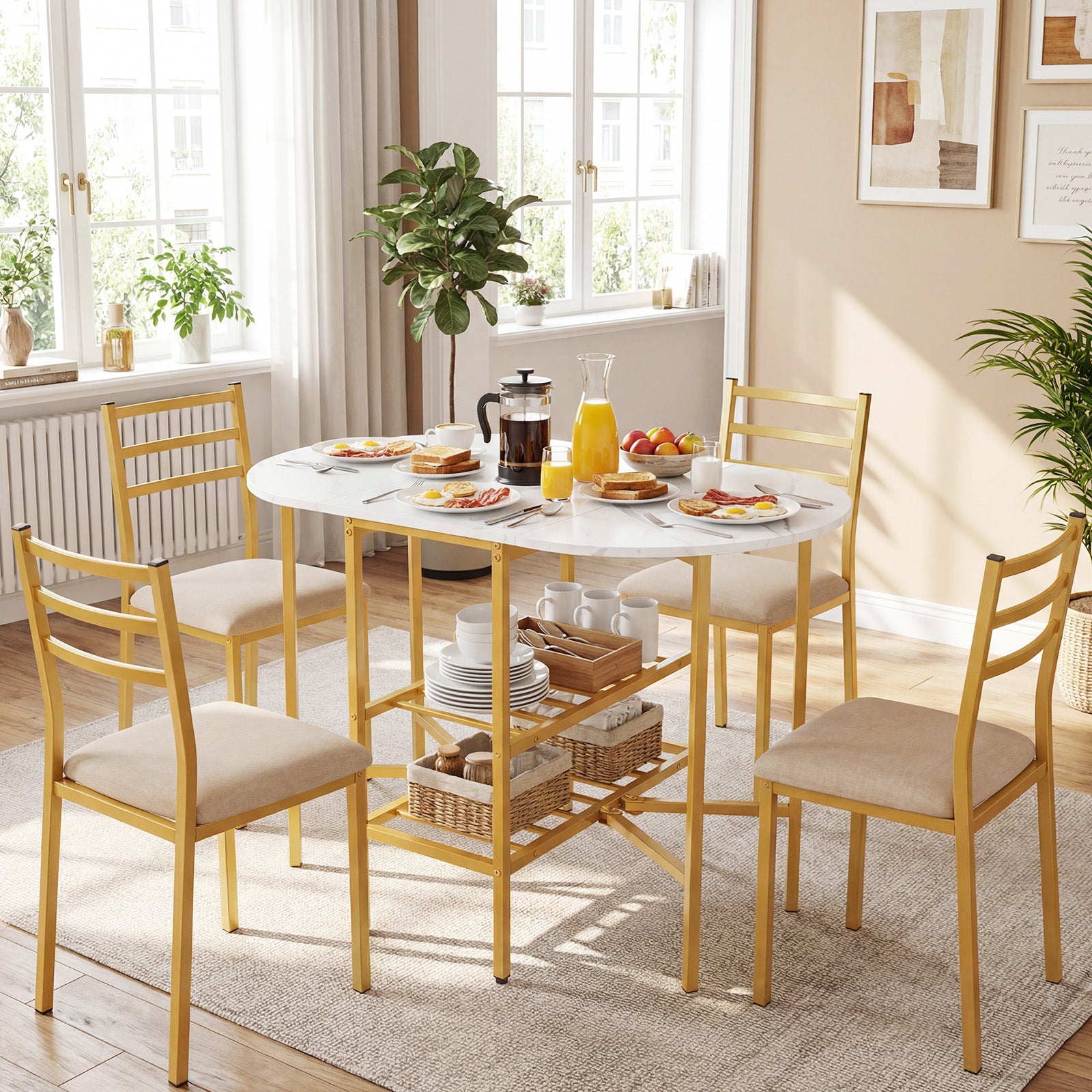 Oval dining table with 2 folding side panels and a metal frame for 4 people-White