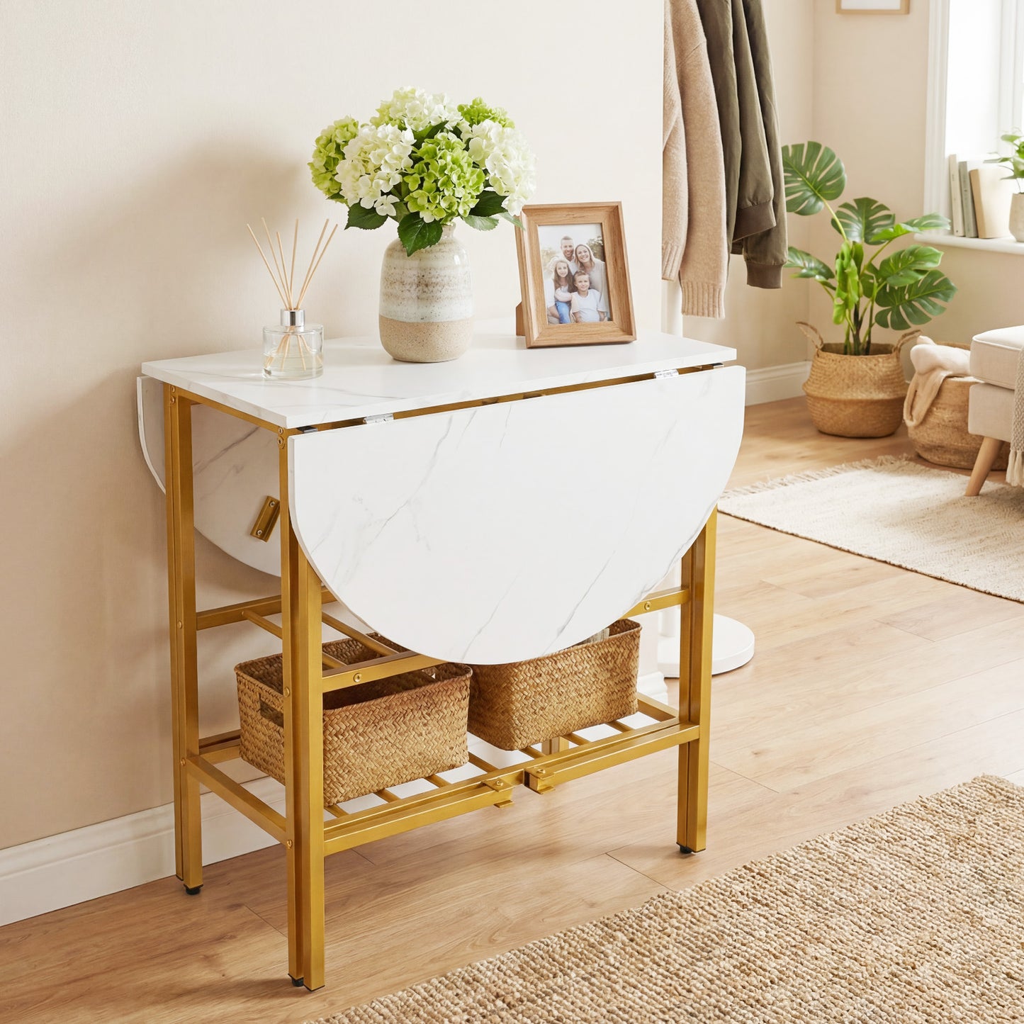 Oval dining table with 2 folding side panels and a metal frame for 4 people-White