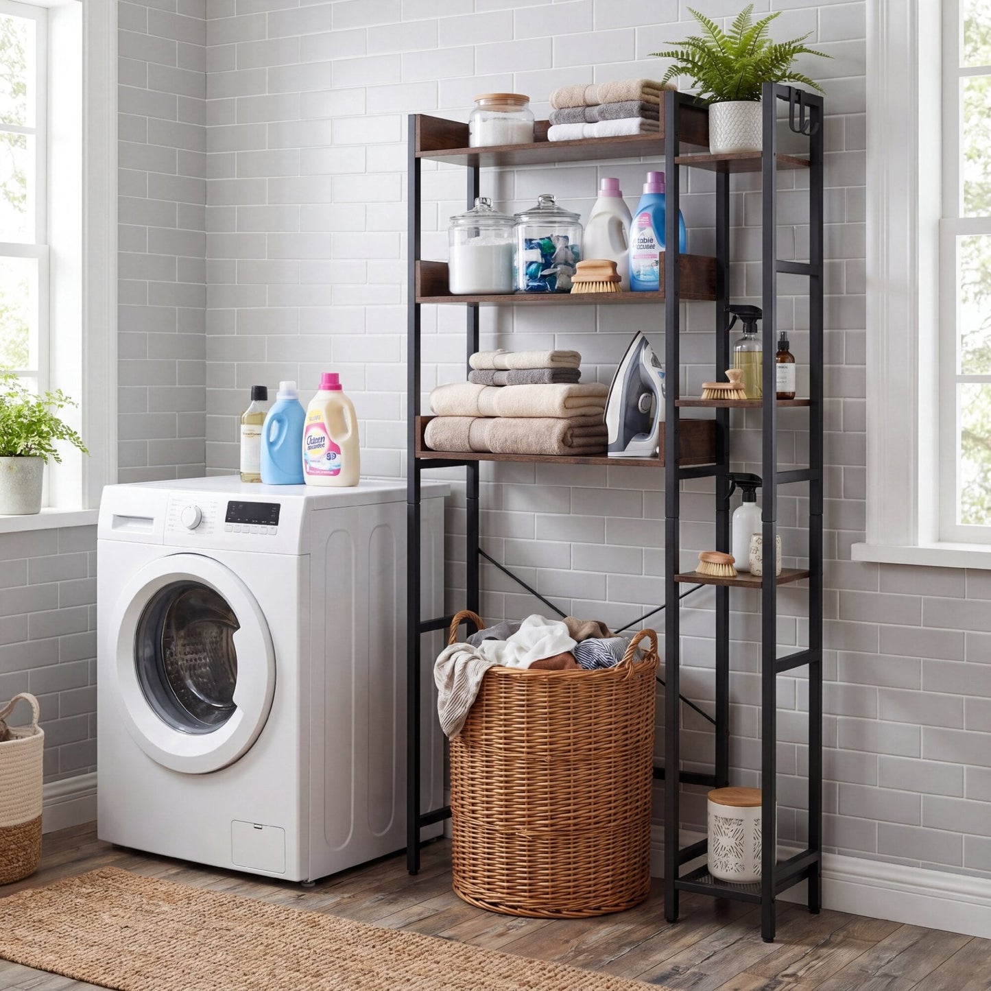 Over Toilet Storage Rack with 2 Fabric Drawers and 4 Hooks for Bathroom-Rustic Brown