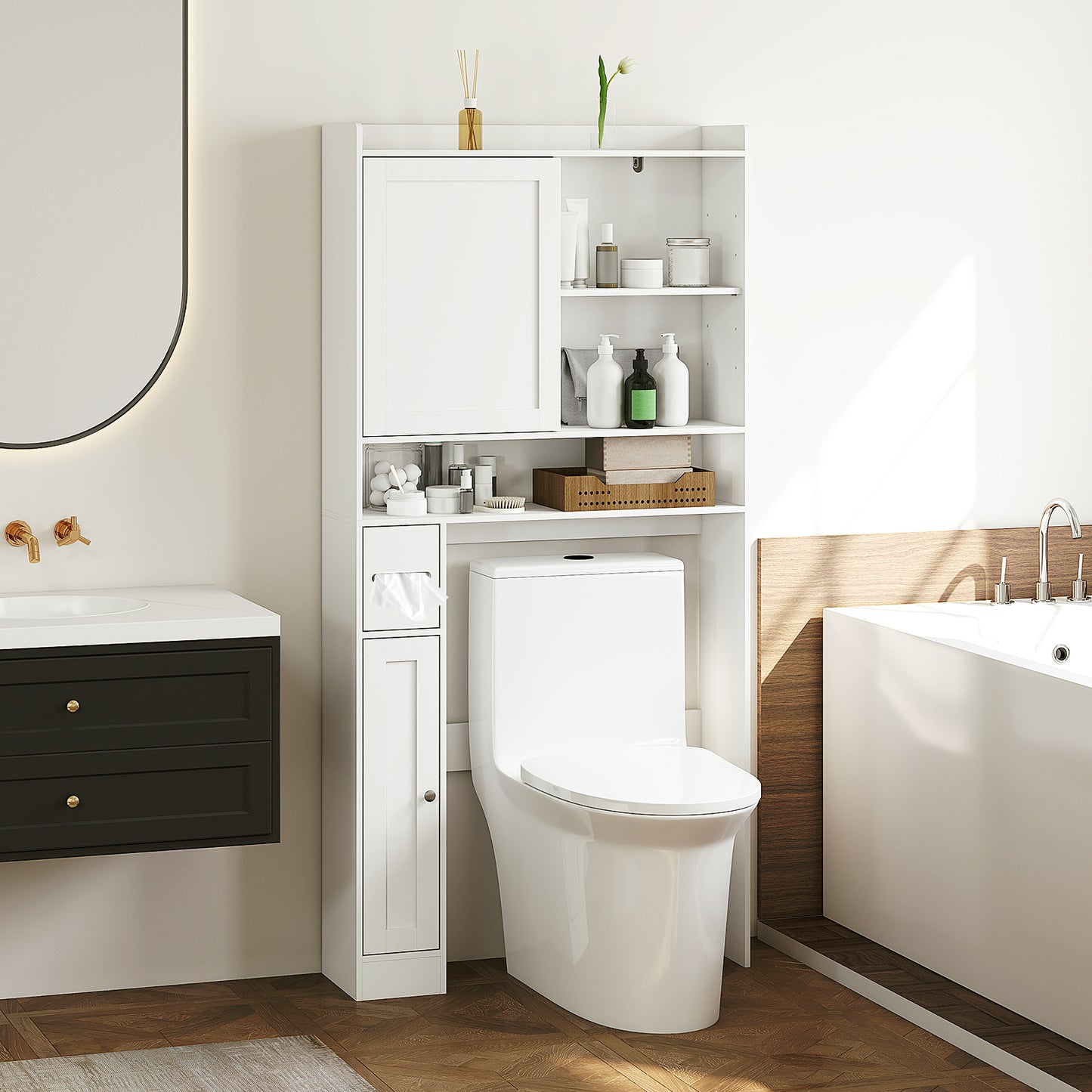 Over-the-Toilet Storage Cabinet Standing Toilet Rack with Sliding Door-White
