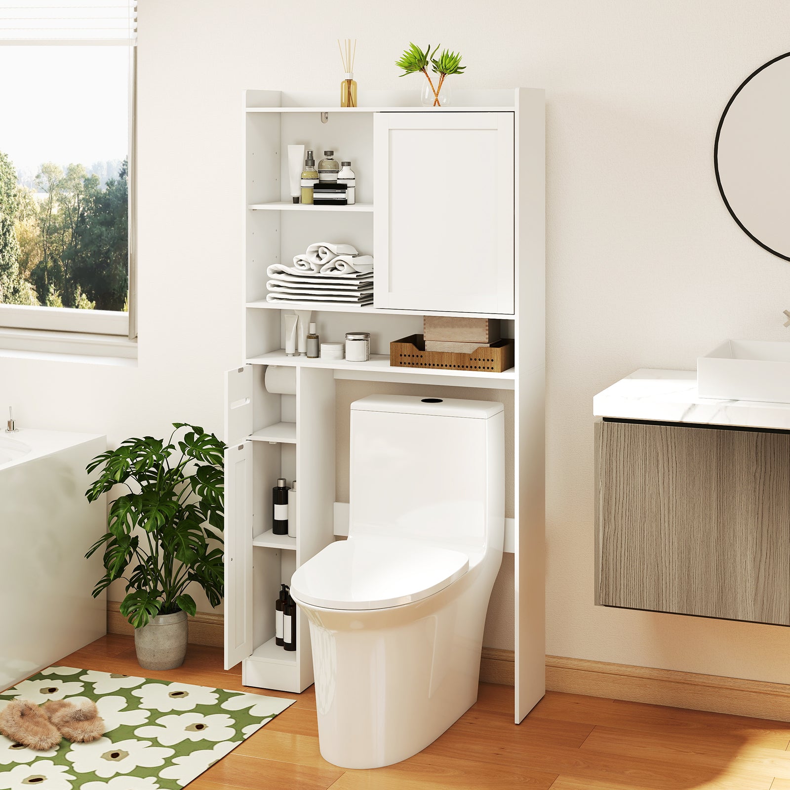 Over-the-Toilet Storage Cabinet Standing Toilet Rack with Sliding Door-White