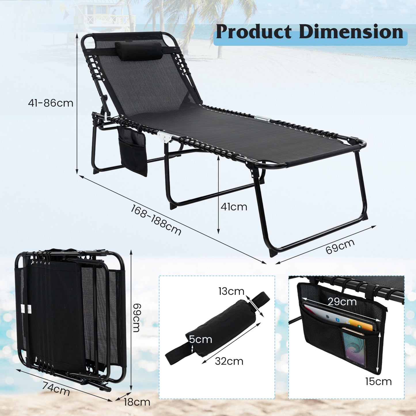 Oversize Folding Chaise Lounge with Adjustable Backrest and Detachable Pillow-Black