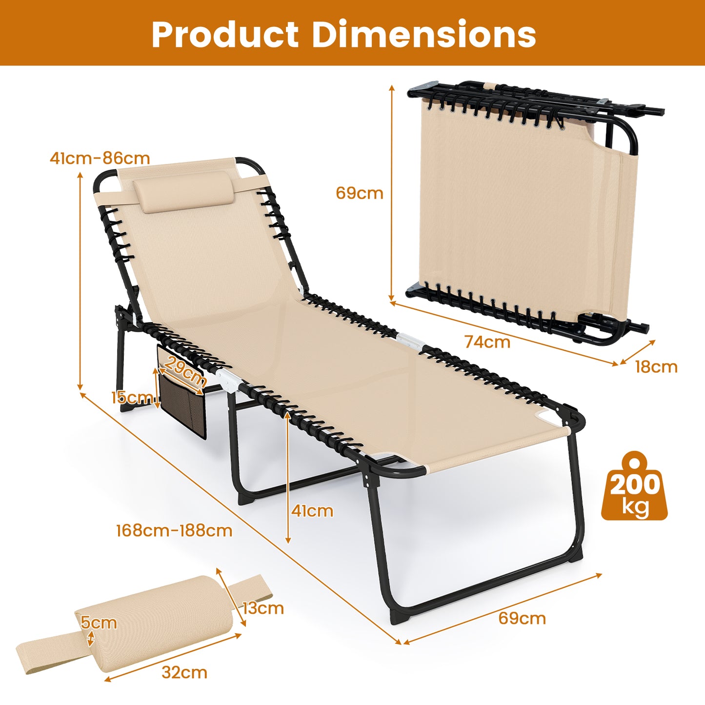 Oversize Folding Chaise Lounge with Adjustable Backrest and Detachable Pillow-Beige