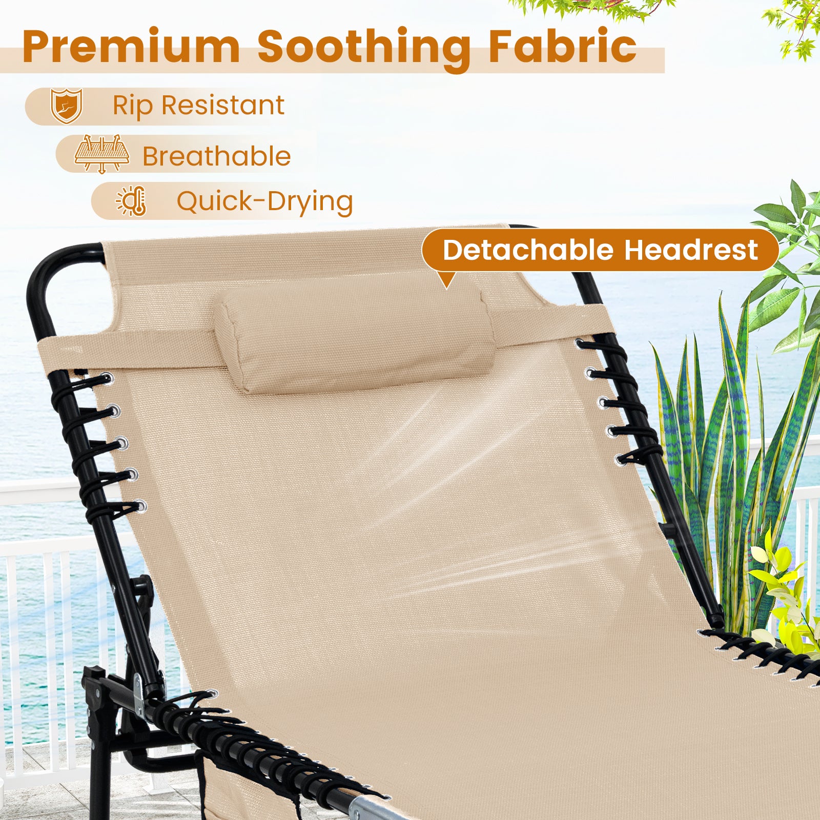 Oversize Folding Chaise Lounge with Adjustable Backrest and Detachable Pillow-Beige