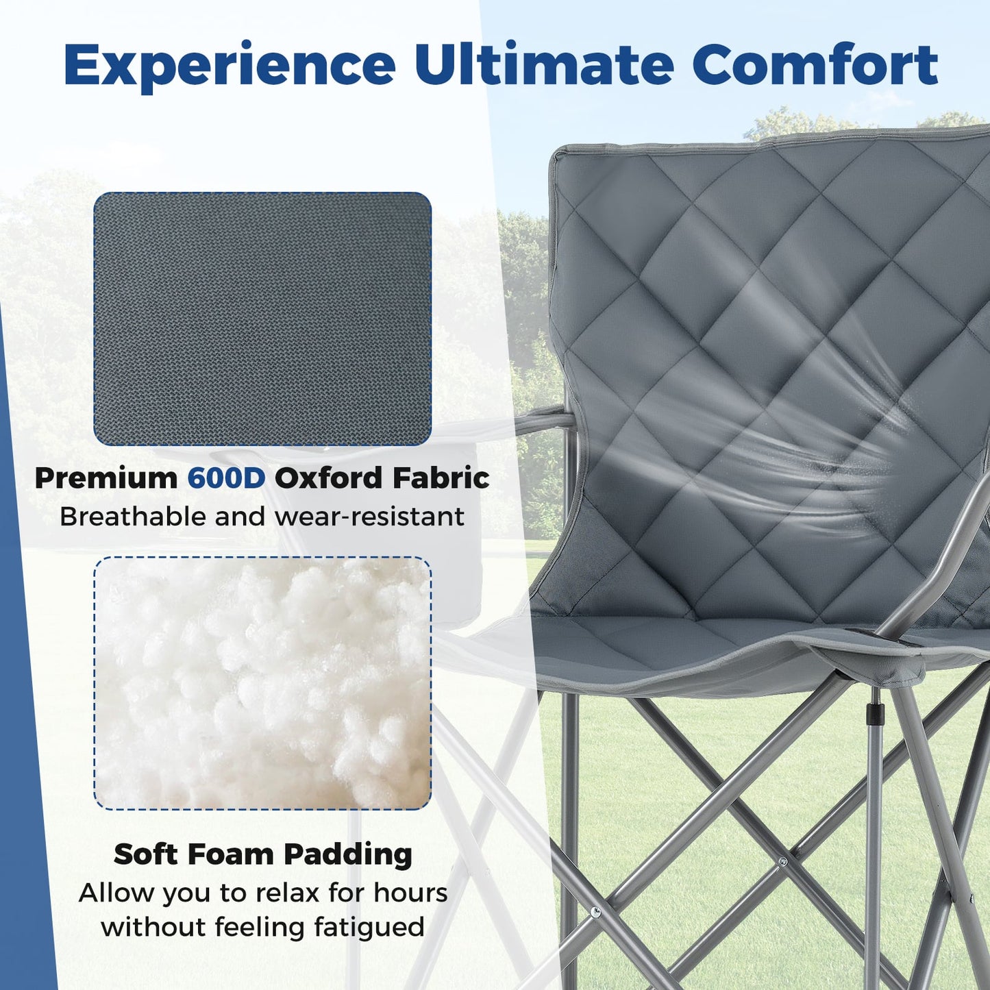 Oversized Camping Chair with Cooler Pouch and Cup Holder Set of 2-Grey