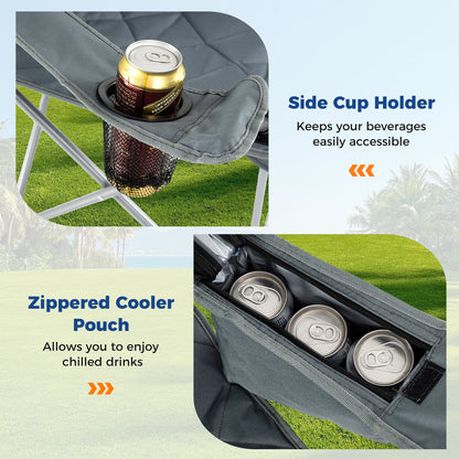 Oversized Camping Chair with Cooler Pouch and Cup Holder Set of 2-Grey