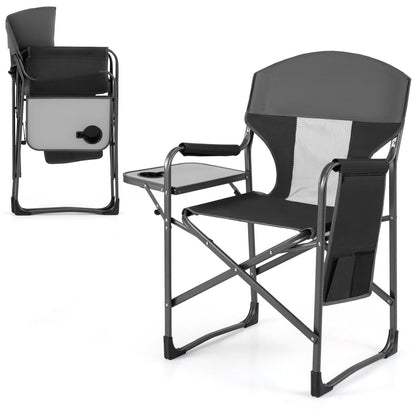 Oversized Padded Folding Camping Chair with Side Table-Black