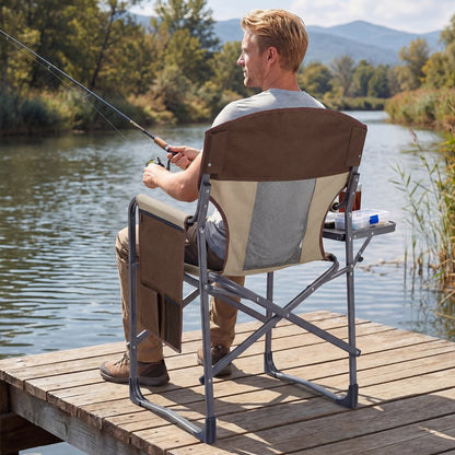 Oversized Padded Folding Camping Chair with Side Table-Brown