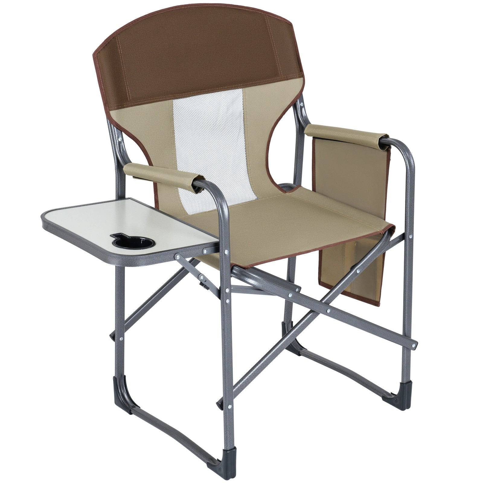 Oversized Padded Folding Camping Chair with Side Table-Brown