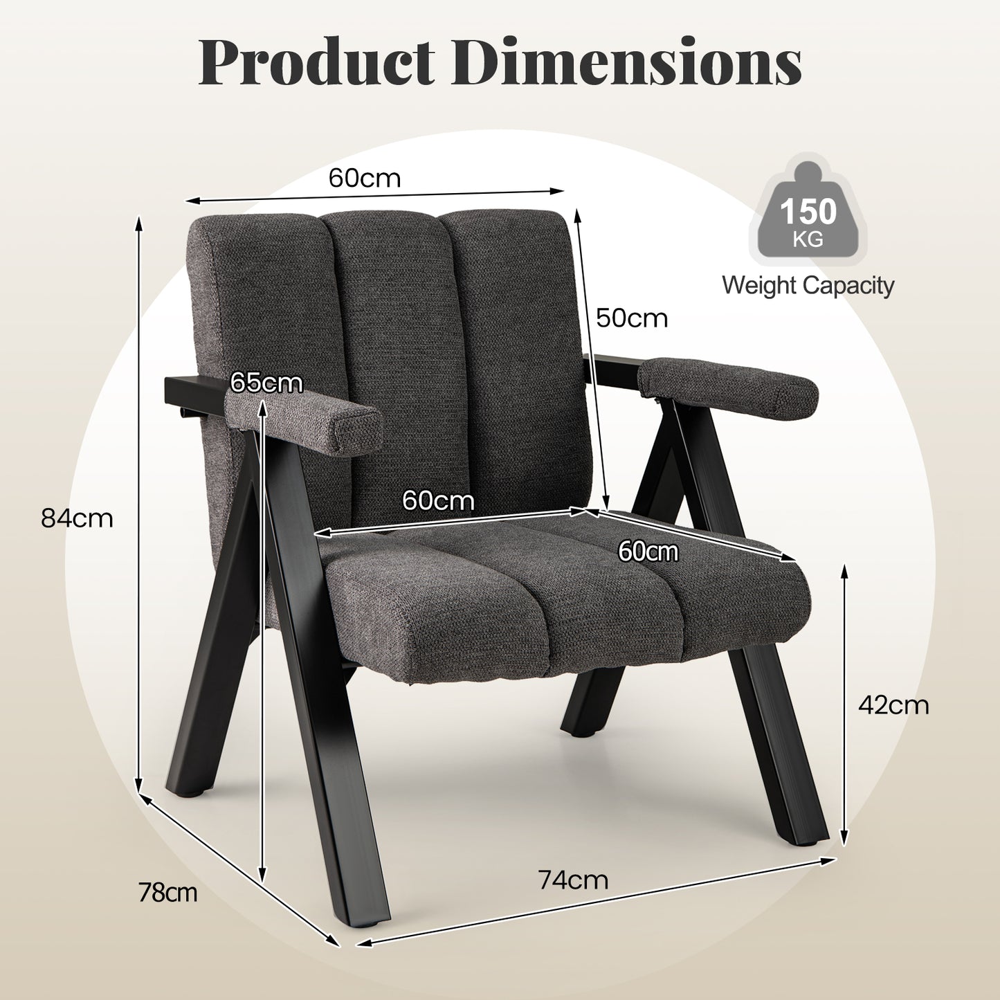 Oversized Accent Chair Upholstered with Metal Frame and Armrests-Grey