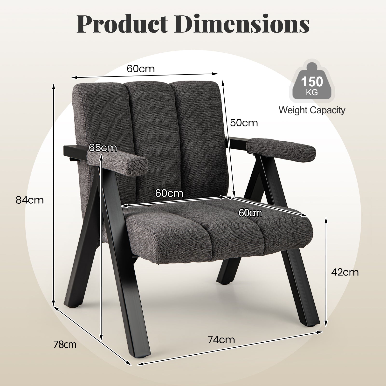 Oversized Accent Chair Upholstered with Metal Frame and Armrests-Grey