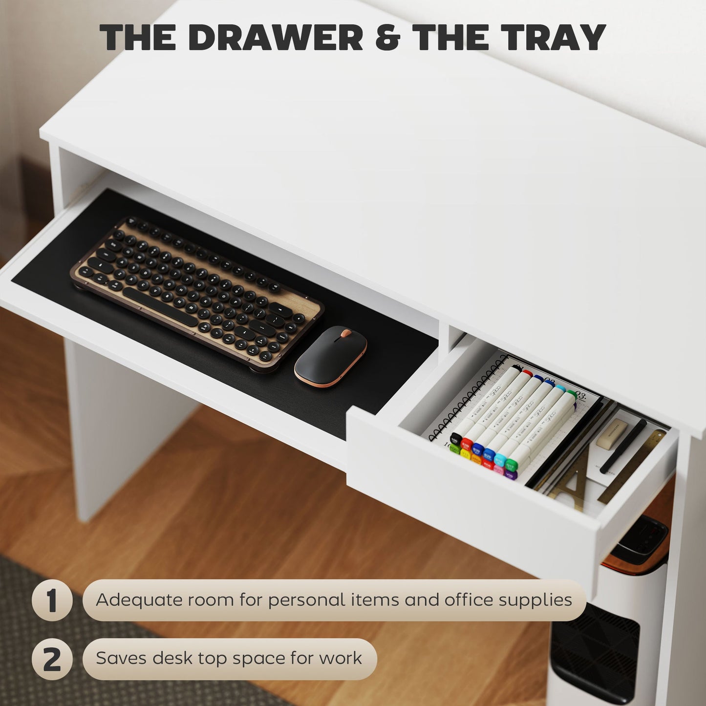 HOMCOM 100cm Compact Computer Desk with Keyboard Tray, Home Office Desk with Drawer for Bedroom Study, White