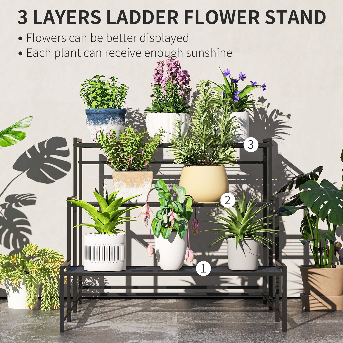 Outsunny Three-Tier Metal Plant Shelf - Black