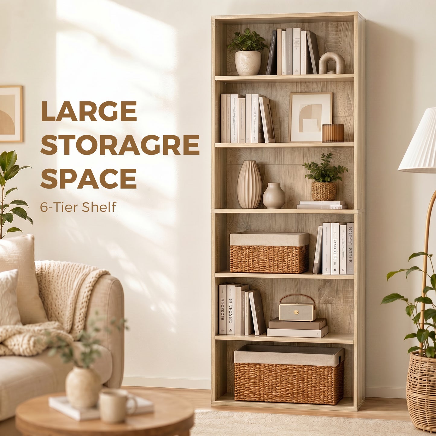 HOMCOM Freestanding Bookcase, 6 Tier Bookshelf with Adjustable Shelves for Living Room, Study, Oak