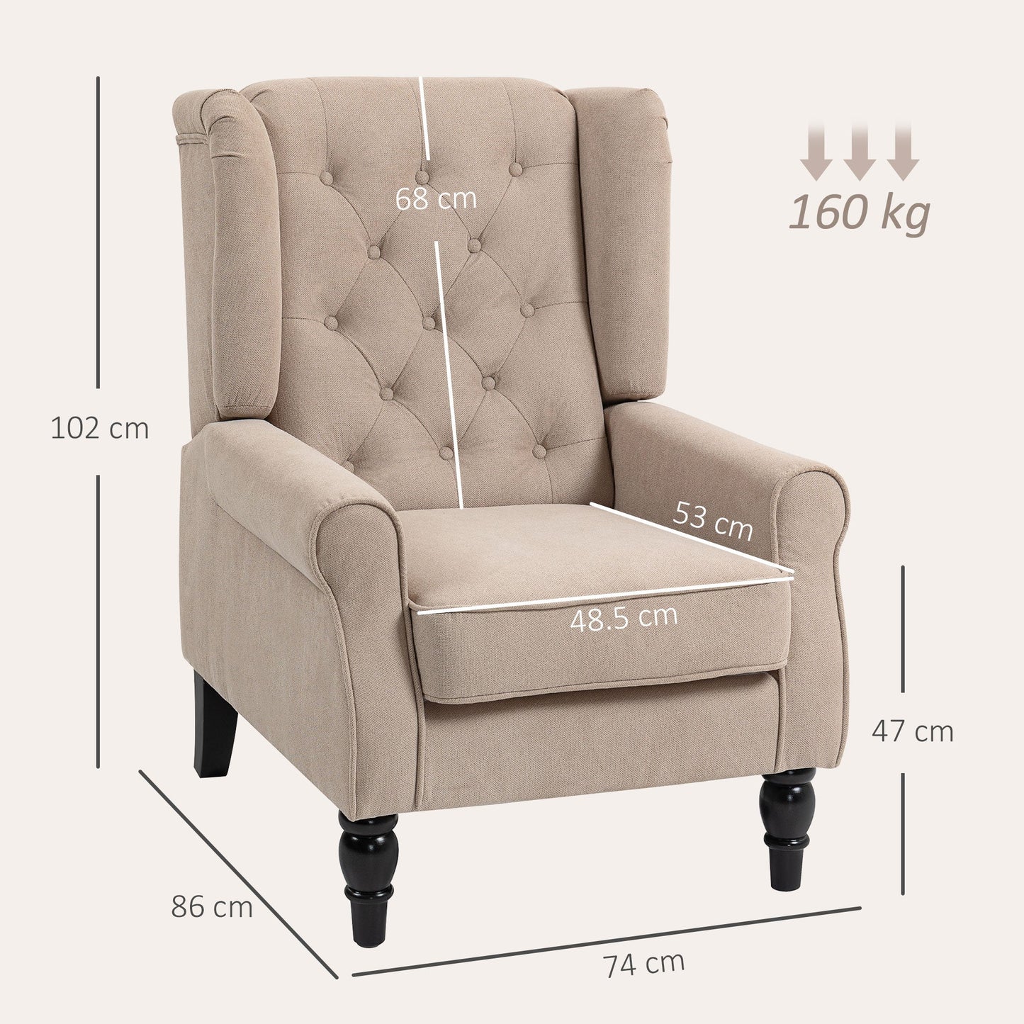 HOMCOM Wingback Accent Chair, Retro Upholstered Button Tufted Occasional Chair for Living Room and Bedroom, Beige