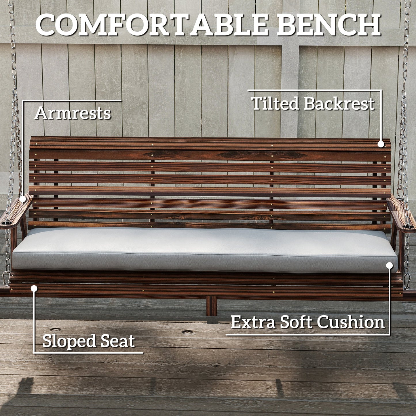 Outsunny 3 Seater Garden Swing Seat, Wooden Swing Chair Bench with Cushion, Side Trays and Metal Chains, for Outdoor Porch Patio, Carbonised Brown
