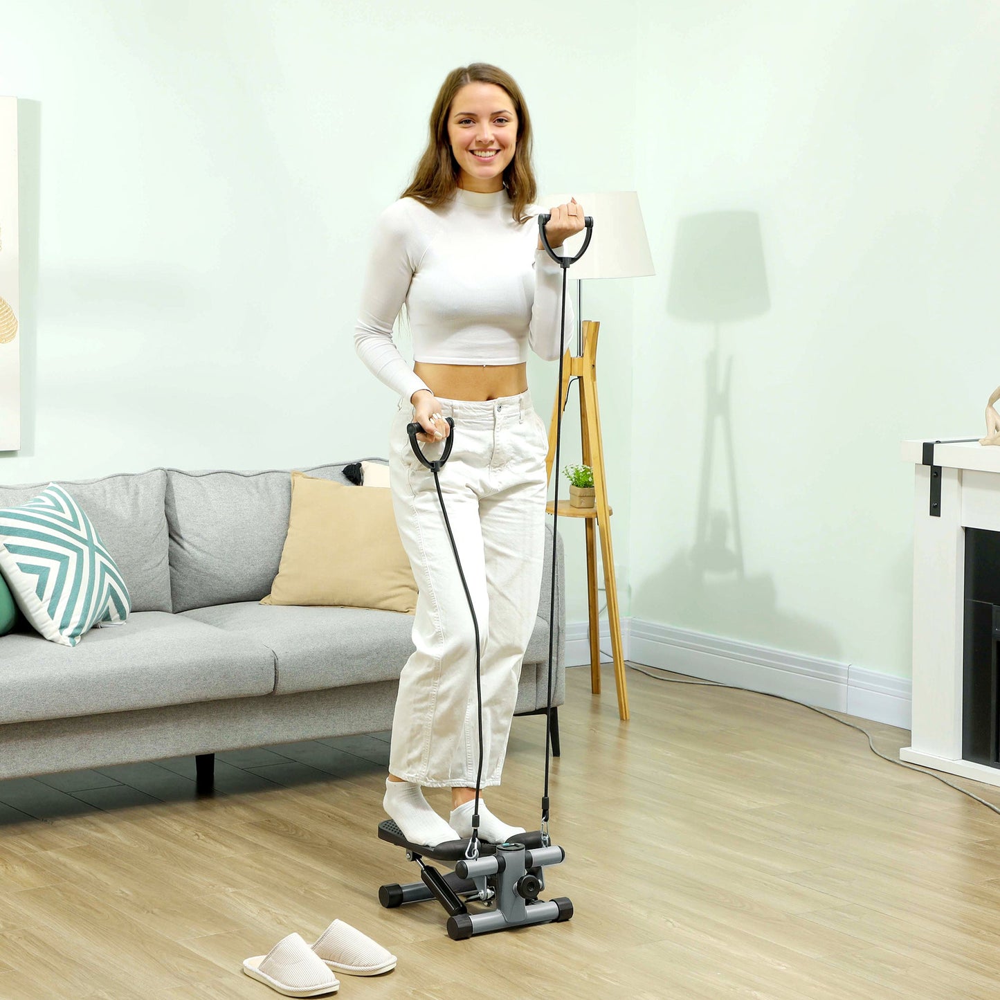 SPORTNOW Mini Stepper, Compact Step Machine Exerciser for Home Workouts, with Resistance Bands, LCD Monitor, Non-Slip Pedals