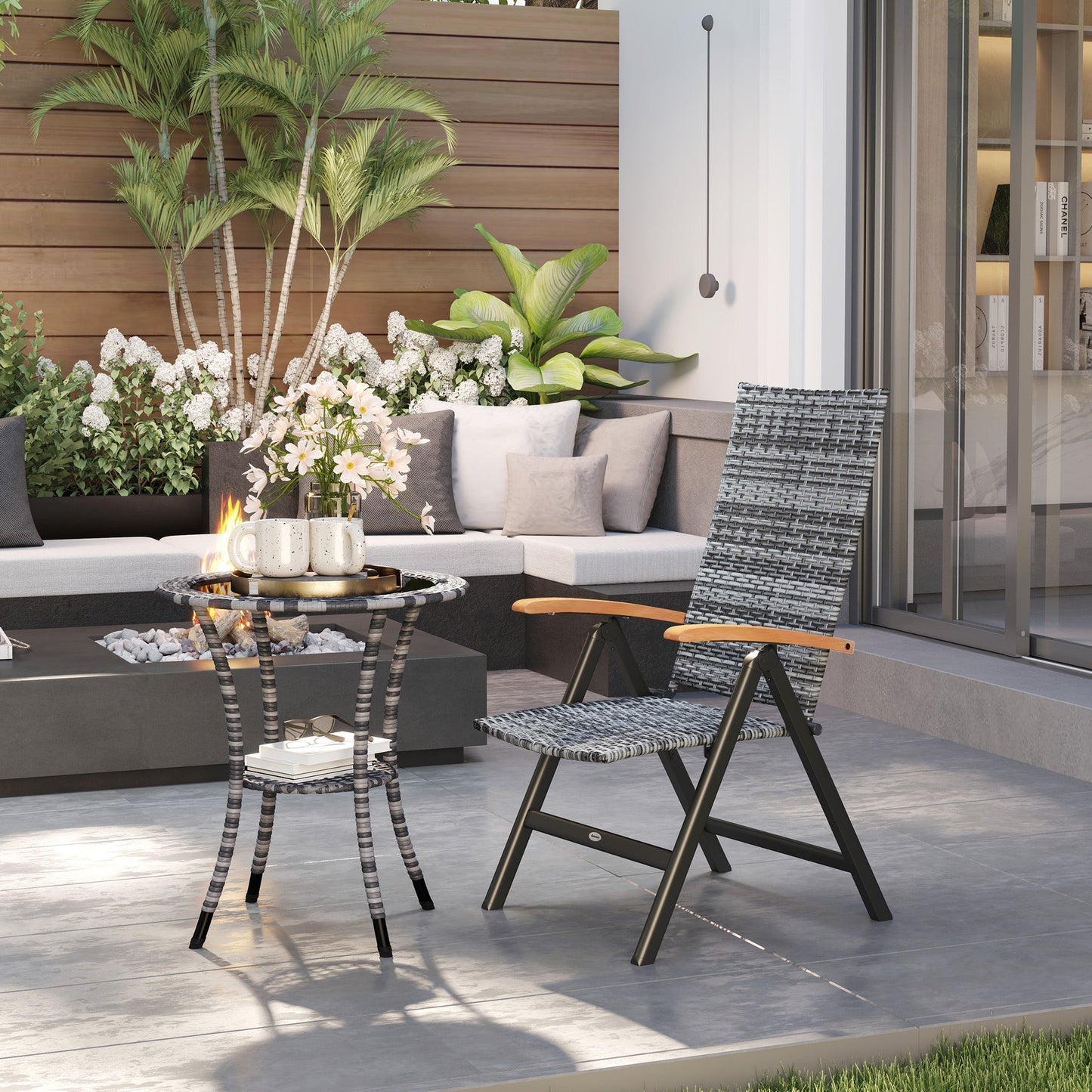 Outsunny Folding Rattan Garden Dining Chair with 5-level Reclining High Back, Wood Armrests for Outdoor, Patio - Light Grey