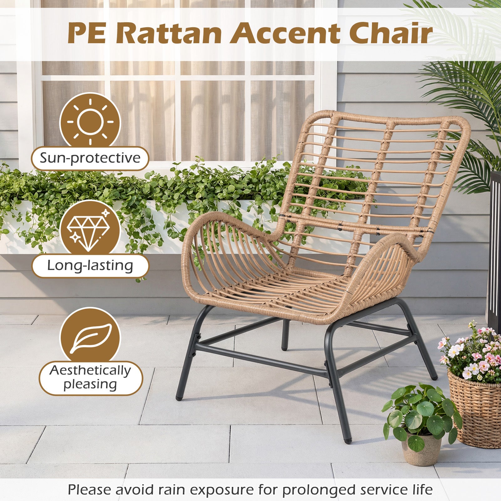 PE Rattan Leisure Chair with Cushion and Solid Metal Frame-Grey