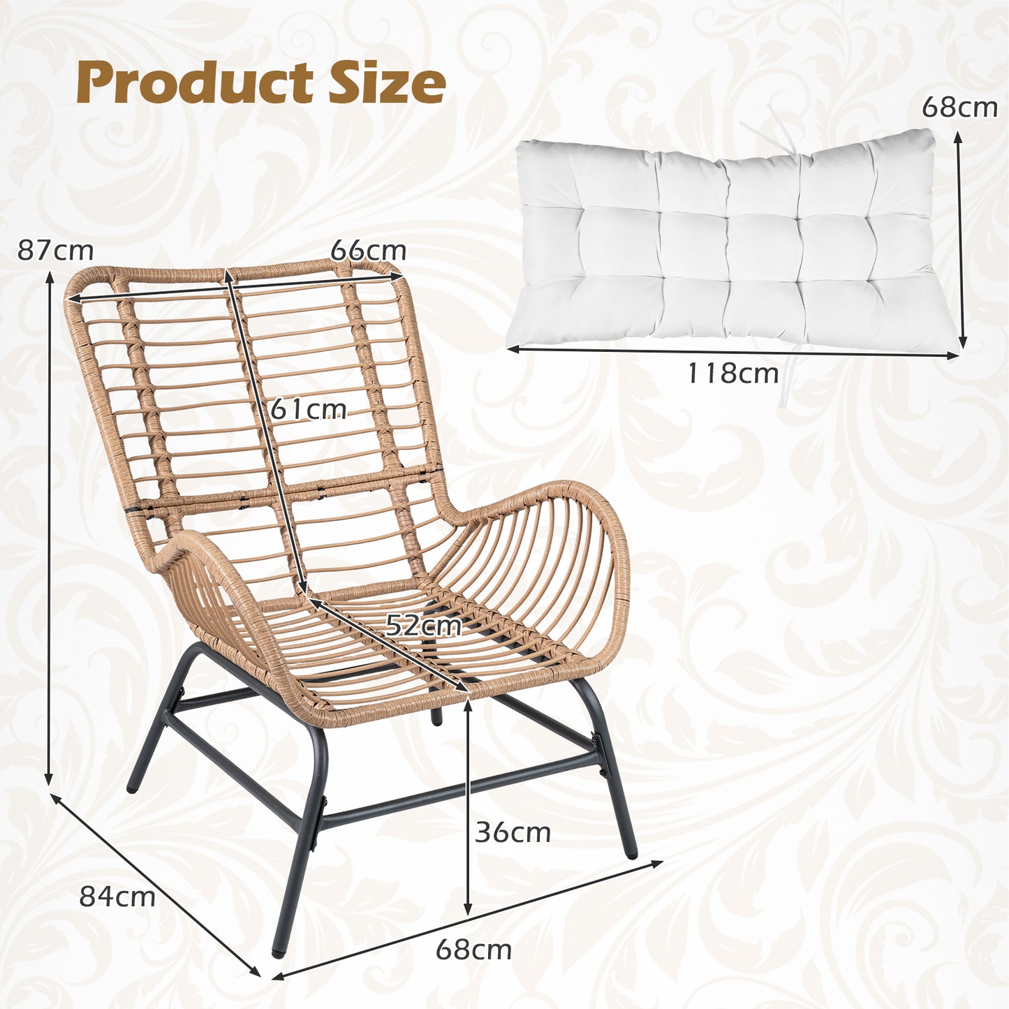 PE Rattan Leisure Chair with Cushion and Solid Metal Frame-White